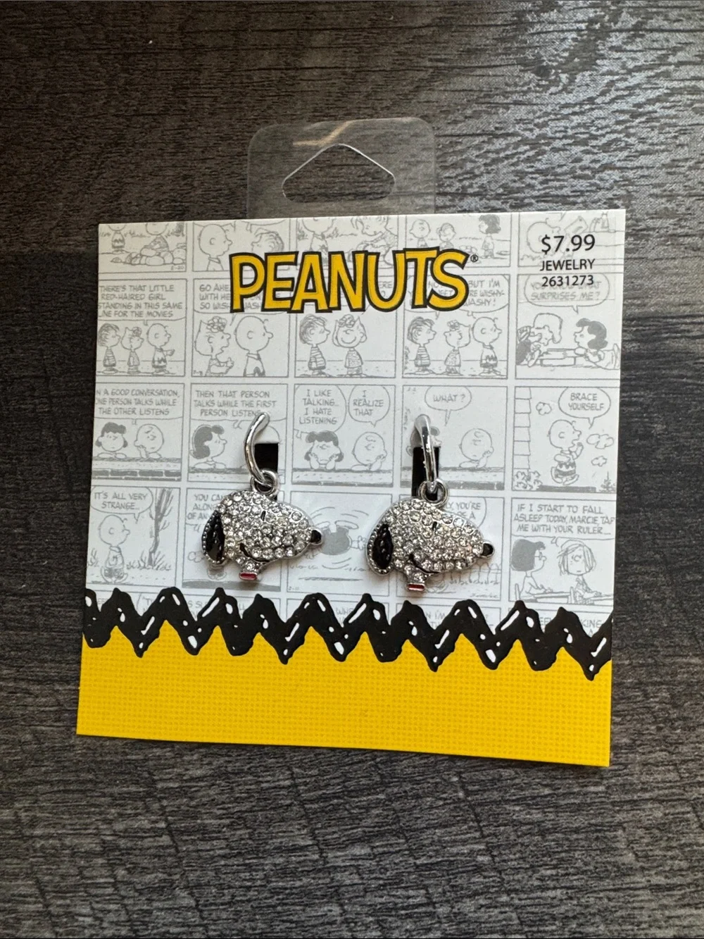 Peanuts Kids Silver Crystal Snoopy Head Earrings with Black Accents